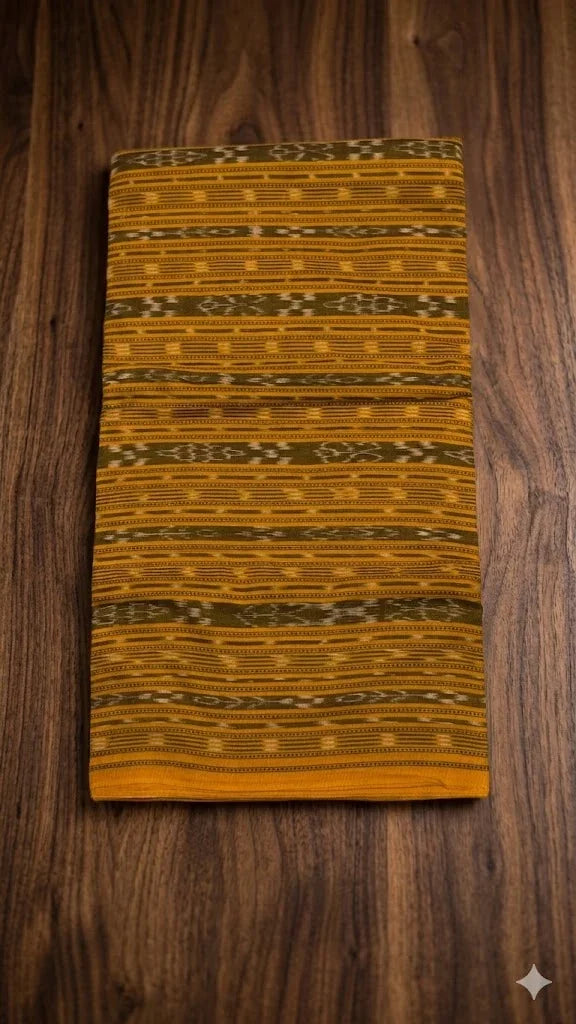 Elegant Mustard Yellow Sambalpuri Ikat Handloom Fabric with Traditional Bandha Weave - pochampallysarees.com
