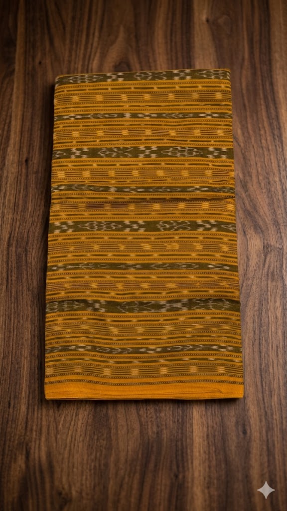 Elegant Mustard Yellow Sambalpuri Ikat Handloom Fabric with Traditional Bandha Weave