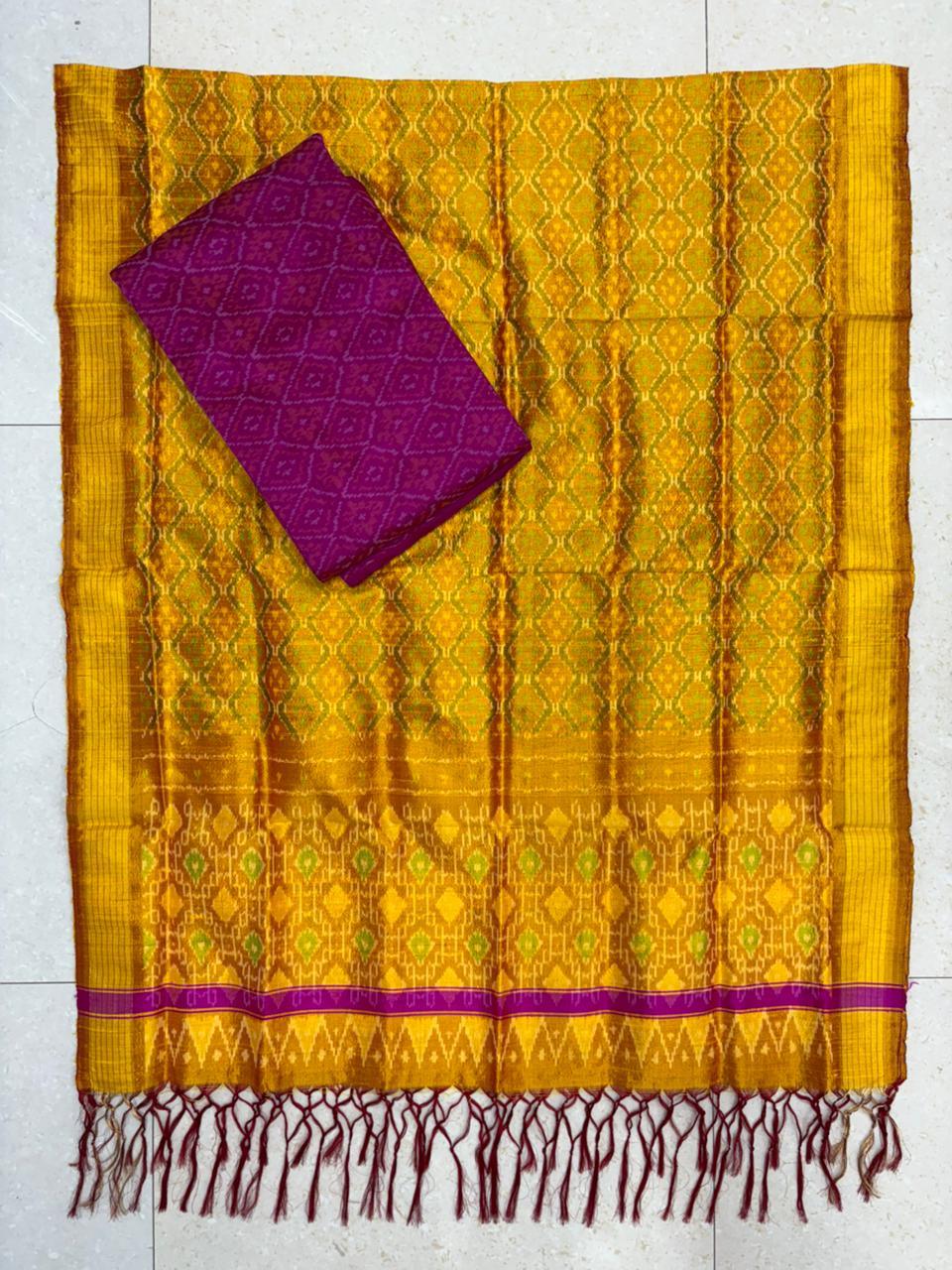 Latest Ikkat Silk Dress Material: Yellow & purple Pochampally Salwar Suit - pochampallysarees.com