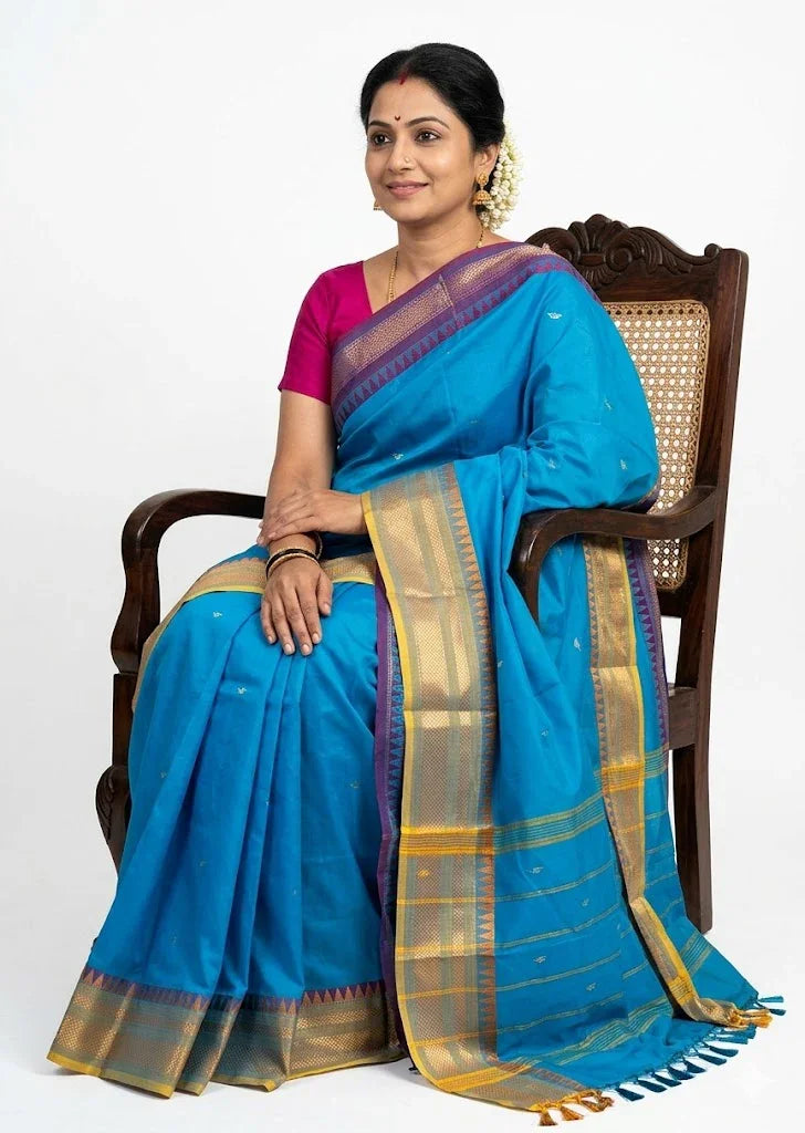 NARAYANPET COTTON SAREE ANANDA BLUE COLOR BUTTI BODY BUTTA GANGA JAMUNA BORDER - pochampallysarees.com