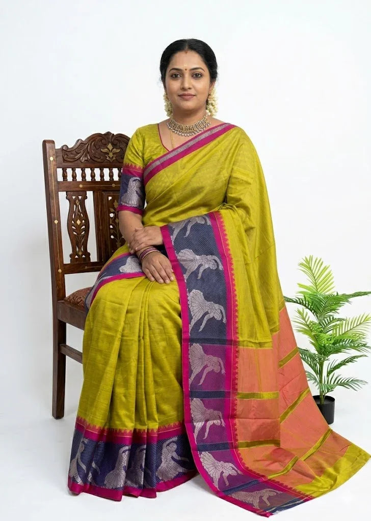 PURE NARAYANPET COTTON PLAIN OLIVE GREEN - pochampallysarees.com