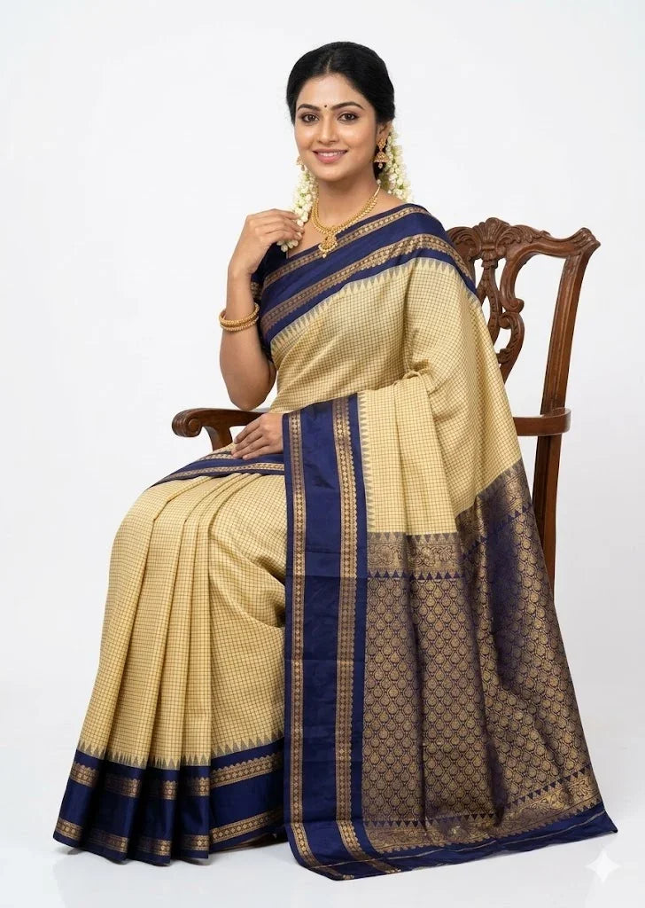 Cream Gadwal Silk Saree with Navy Blue Zari Border - pochampallysarees.com