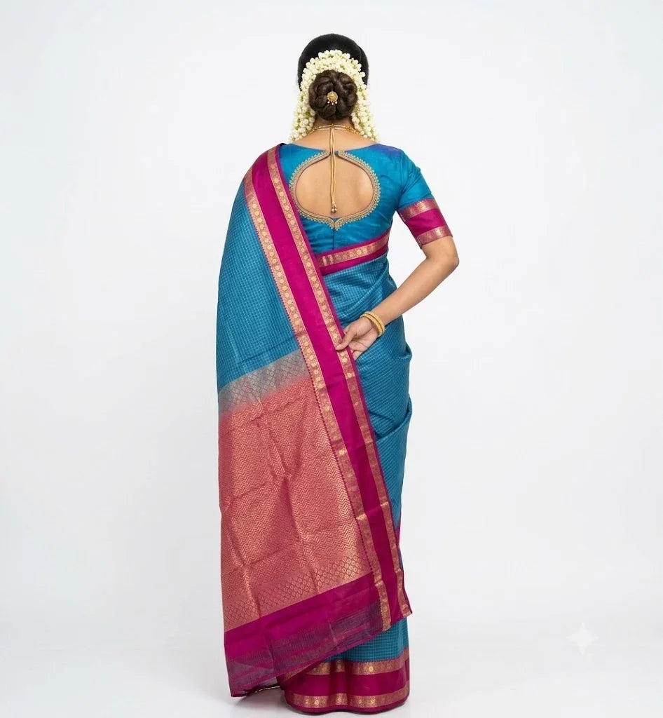 Authentic Peacock Blue & Magenta Kanchipuram Pure Silk Saree