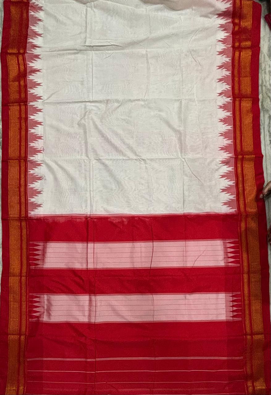 Cream and Red Gadwal Silk Saree with Temple Border - pochampallysarees.com