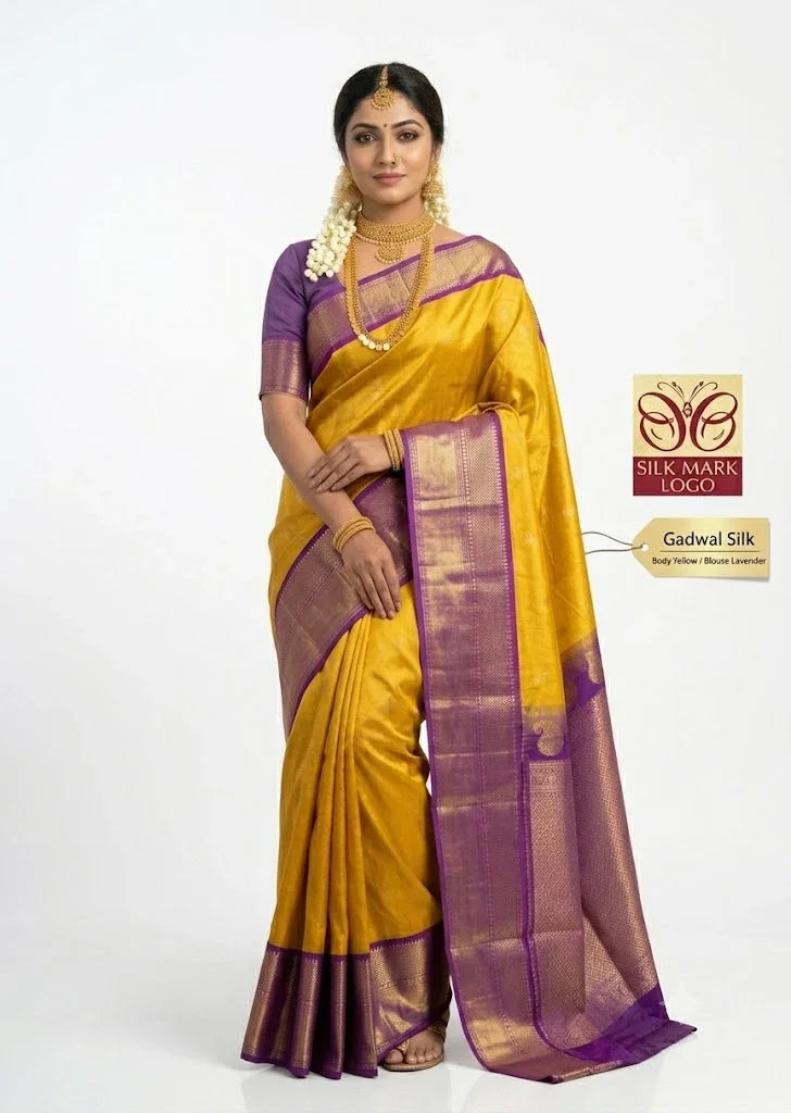 Gadwal Silk Sarees: Festive Mustard Yellow & Lavender Handloom Classics - pochampallysarees.com