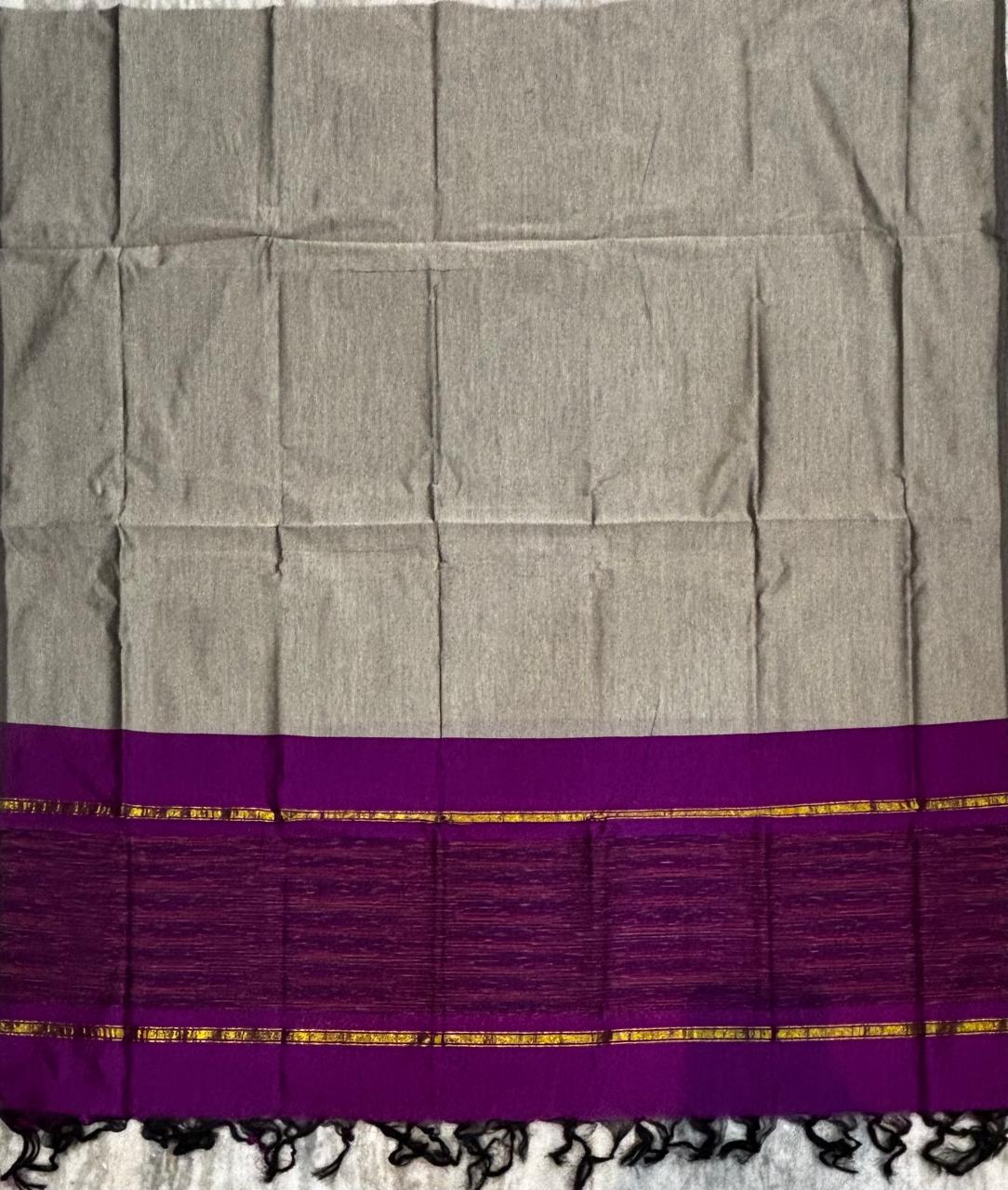 Pochampally Ikkat Poly Cotton Unstitched Dress Material with Borderless Dupatta (3-Piece Set - Purple & Grey-Gold)