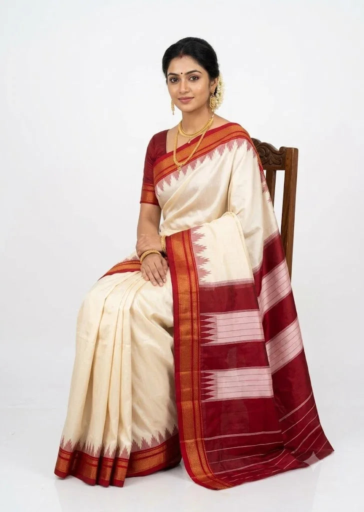 Cream and Red Gadwal Silk Saree with Temple Border - pochampallysarees.com