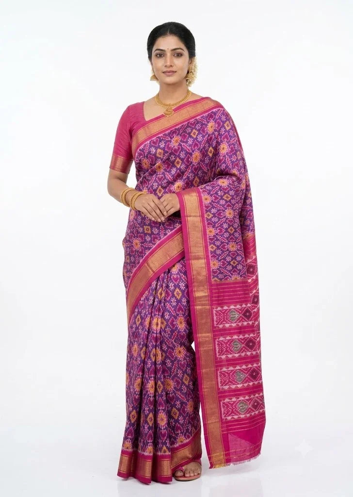 Royal Purple and Pink Ikkat Silk Patola Saree - pochampallysarees.com