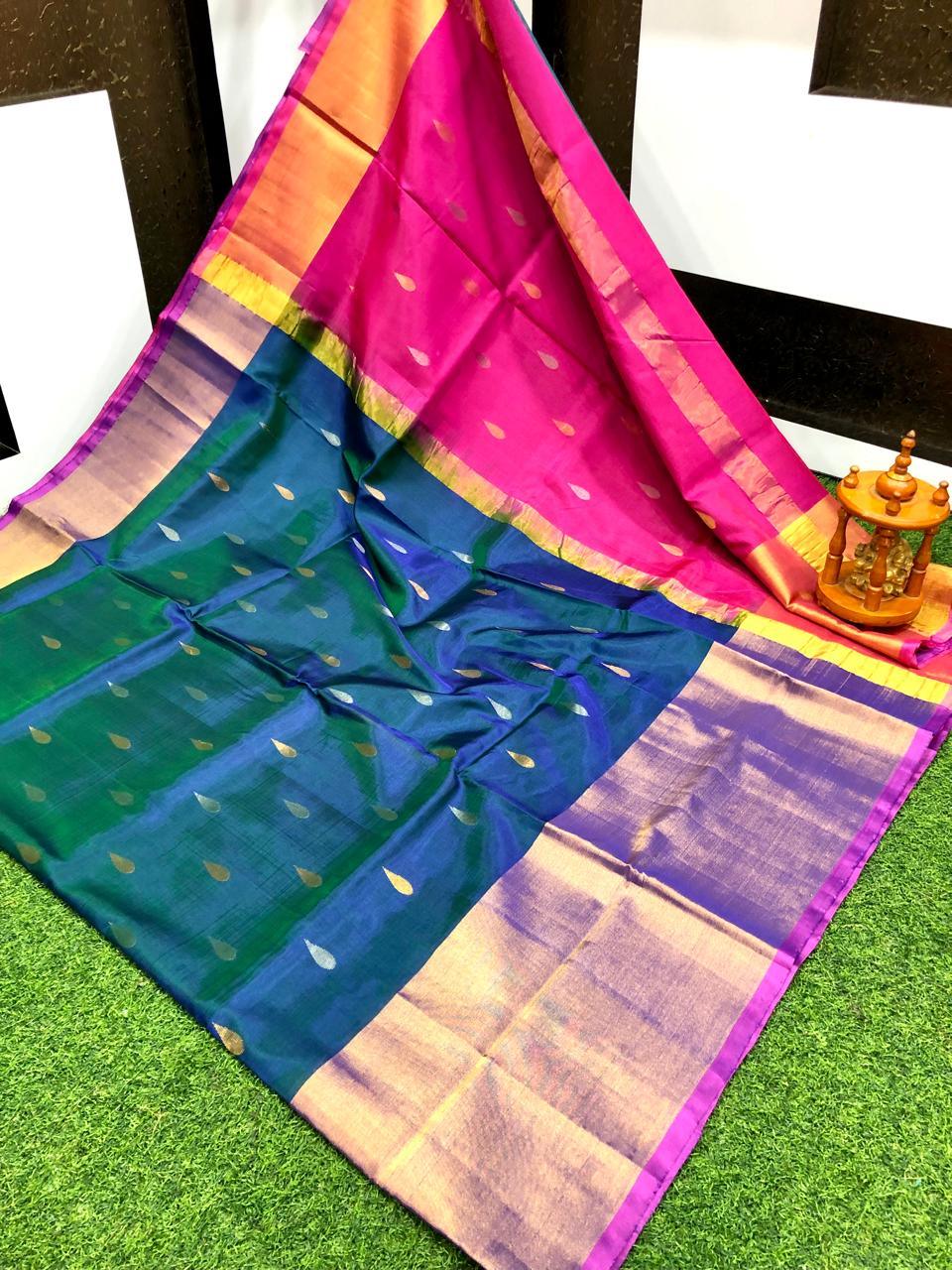 Exquisite Teal Blue & Bright Pink Uppada Pattu Saree with Zari Motifs - pochampallysarees.com