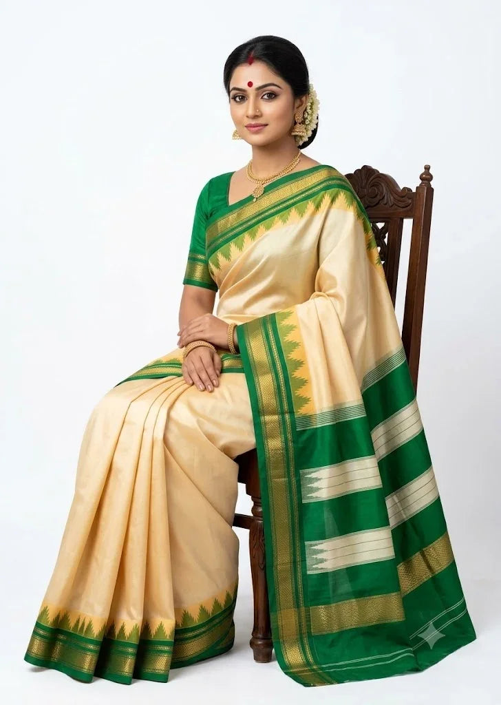 Cream and Emerald Green Gadwal Silk Saree with Temple Border - pochampallysarees.com