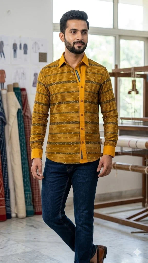 Elegant Mustard Yellow Sambalpuri Ikat Handloom Fabric with Traditional Bandha Weave - pochampallysarees.com