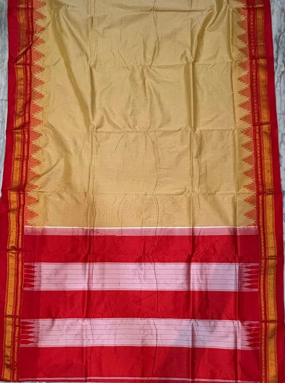 Beige Gadwal Silk Saree with Traditional Red Temple Zari Border - pochampallysarees.com