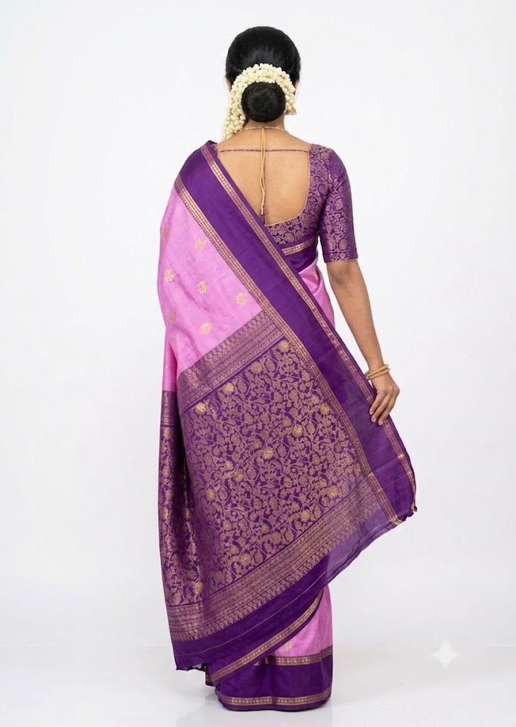 Pink & Deep Purple Kanchipuram Silk Saree with zari Pallu