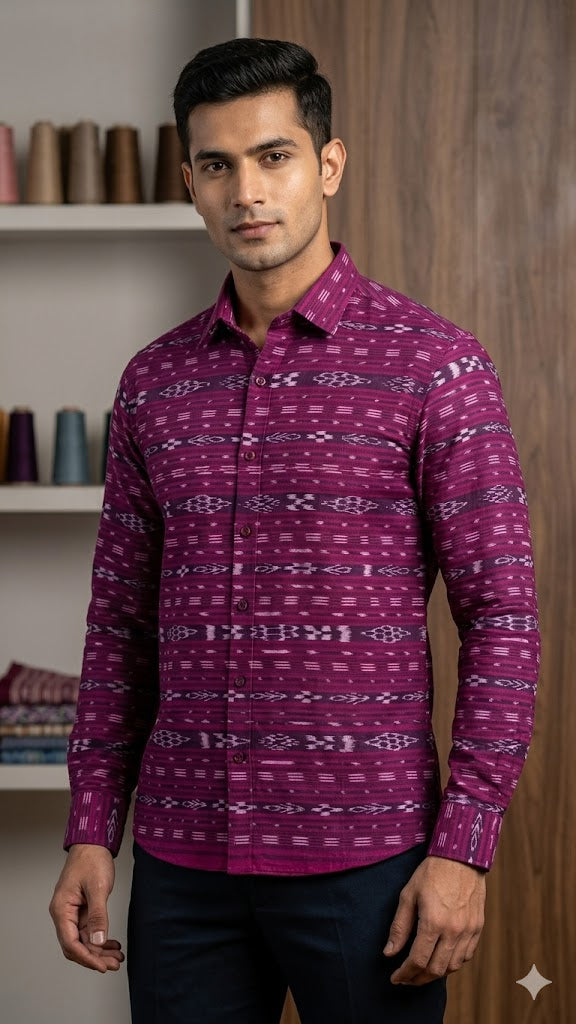 Premium Purple Sambalpuri Ikat Unstitched Handloom Fabric - pochampallysarees.com