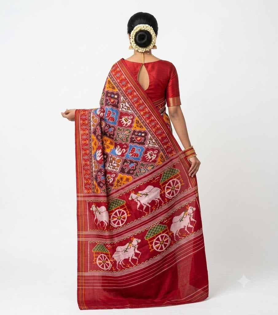 Traditional Maroon Pochampally Ikat Silk Saree with Pichwai Pallu