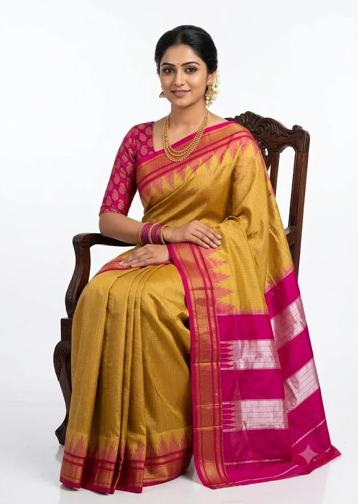 Authentic Light Golden Gadwal Saree with Vibrant Pink Temple Border - pochampallysarees.com