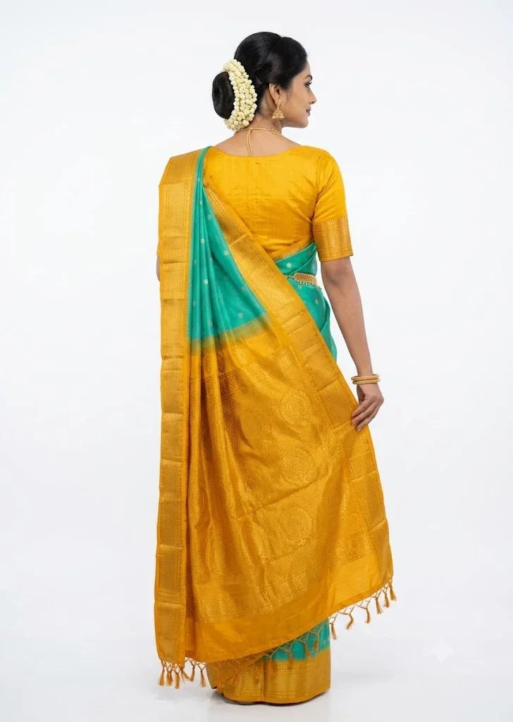 Pure Gadwal Silk Saree in Turquoise Blue and Mustard Yellow - pochampallysarees.com