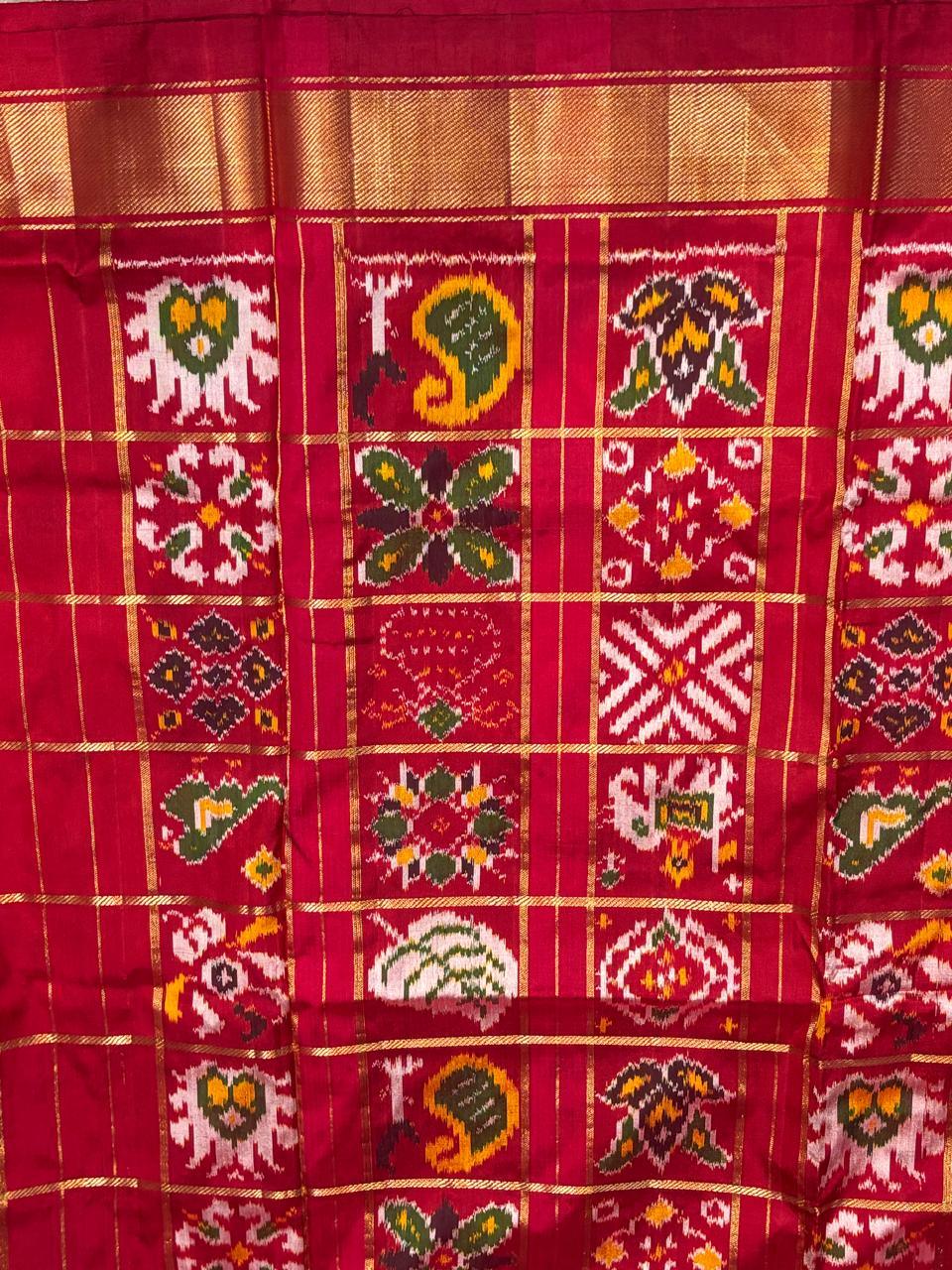 Crimson Red Pure Silk Patola Saree with Royal Zari Border & Traditional Ikat Weave