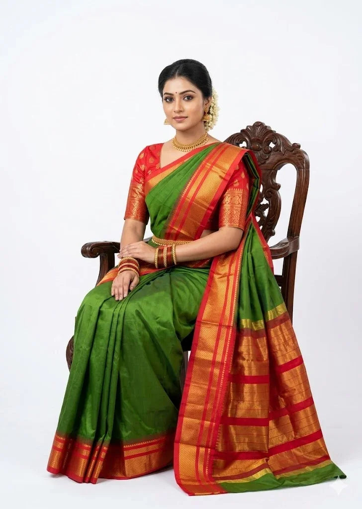 Classic Emerald Green & Red Gadwal Silk Saree with Gold Zari - pochampallysarees.com