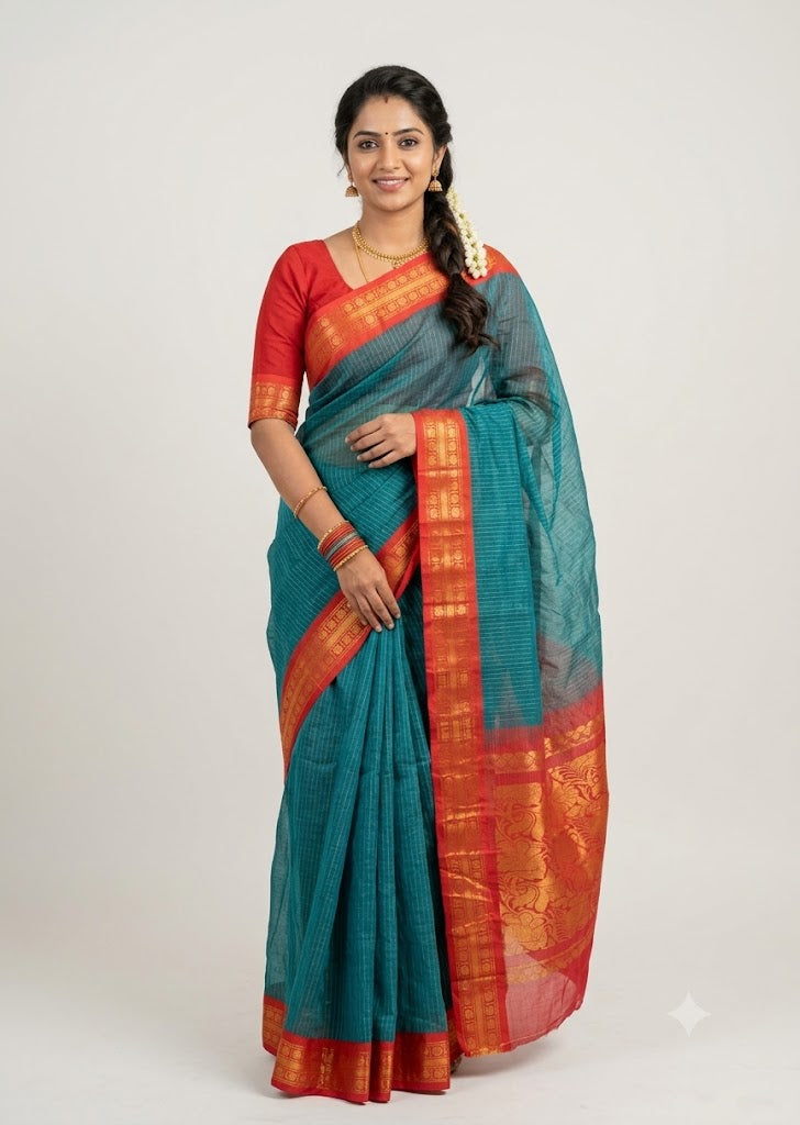 Elegant Teal-Blue Gadwal Cotton Saree with Red Zari Border gc14