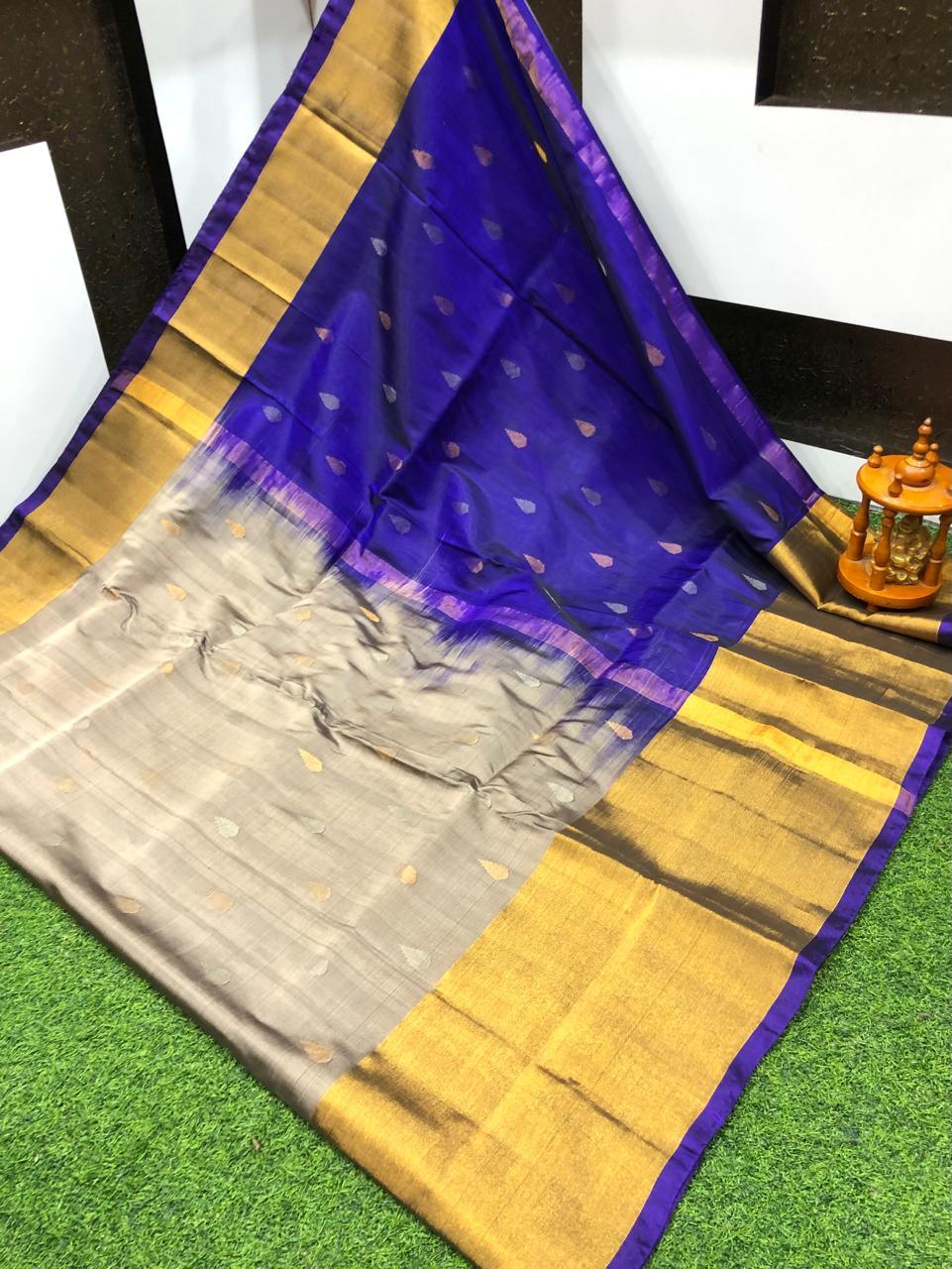 Exquisite Royal Blue & Beige Uppada Pattu Saree with Zari Motifs - pochampallysarees.com