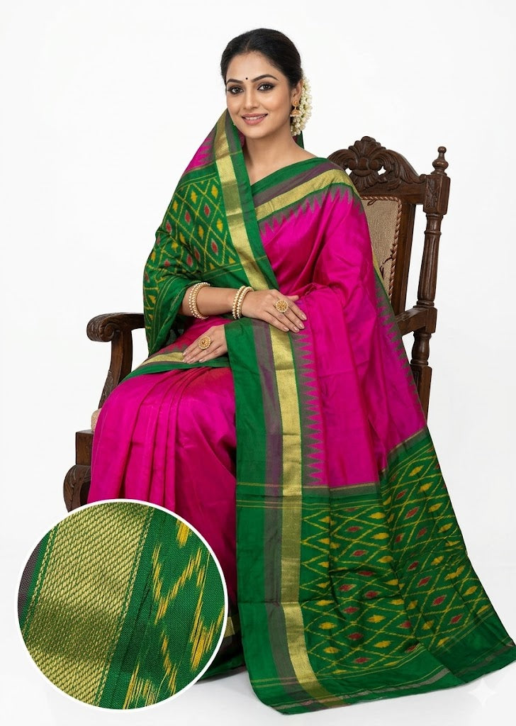 Buy Pure Pochampally Ikkat Silk Saree Pink with Green Border Online