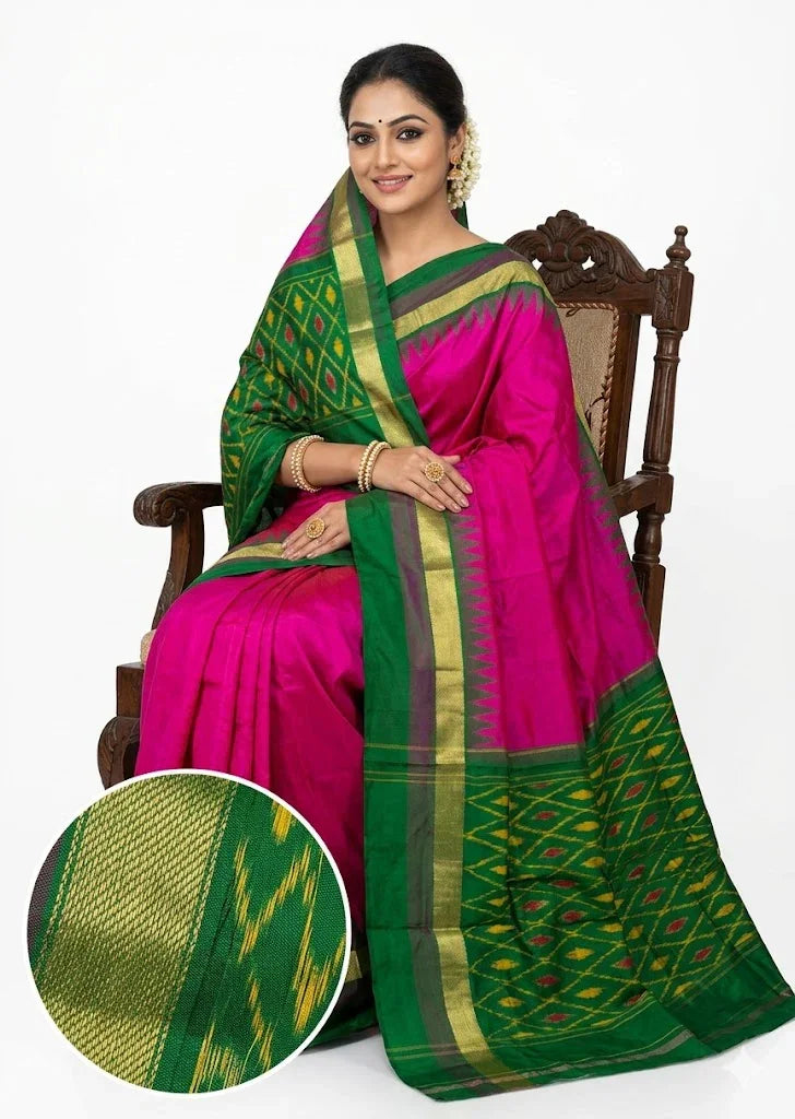 Buy Pure Pochampally Ikkat Silk Saree Pink with Green Border Online - pochampallysarees.com