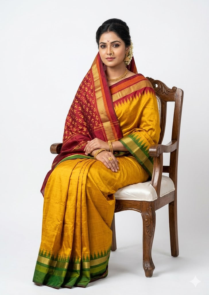 Authentic Pure Ikkat Silk Saree - Mustard Yellow & Maroon with Zari Temple Border