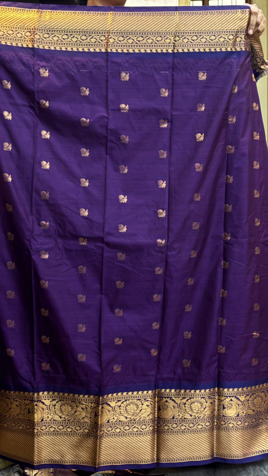Authentic Silver-Grey Checkered Gadwal Silk Saree with Deep Purple Border