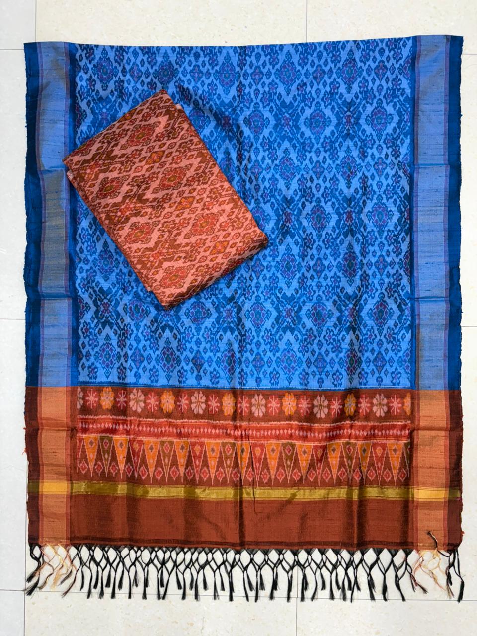 Latest Ikkat Silk Dress Material: Blue & Orange Pochampally Salwar Suit