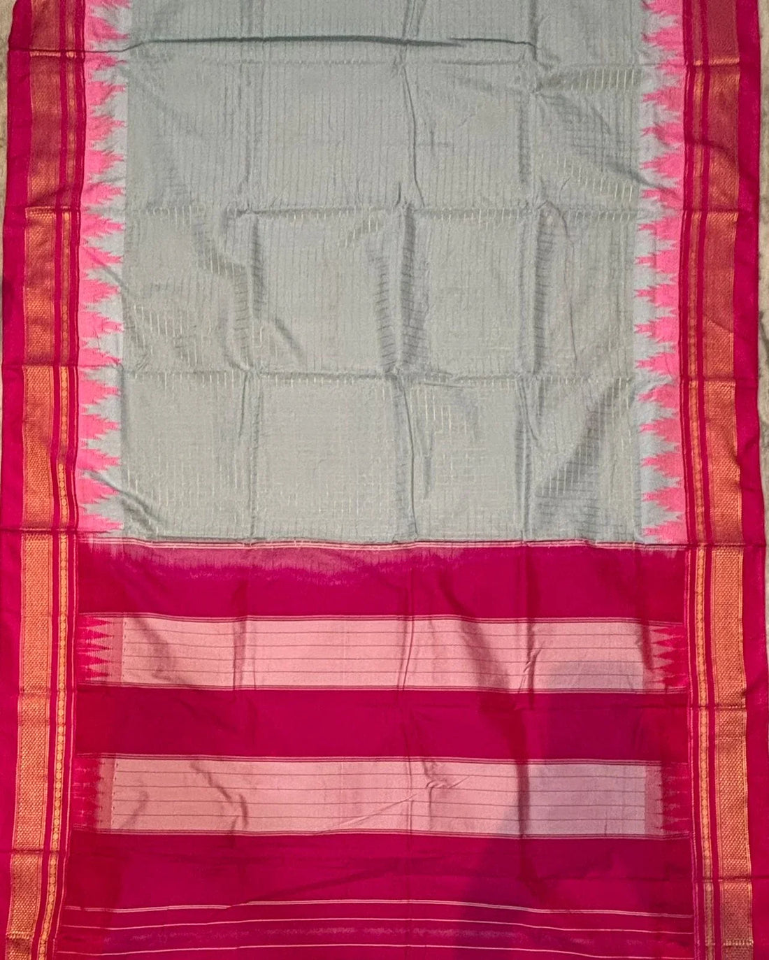 Elegant Gray Gadwal Saree with Pink Temple Border & Striped Pallu - pochampallysarees.com