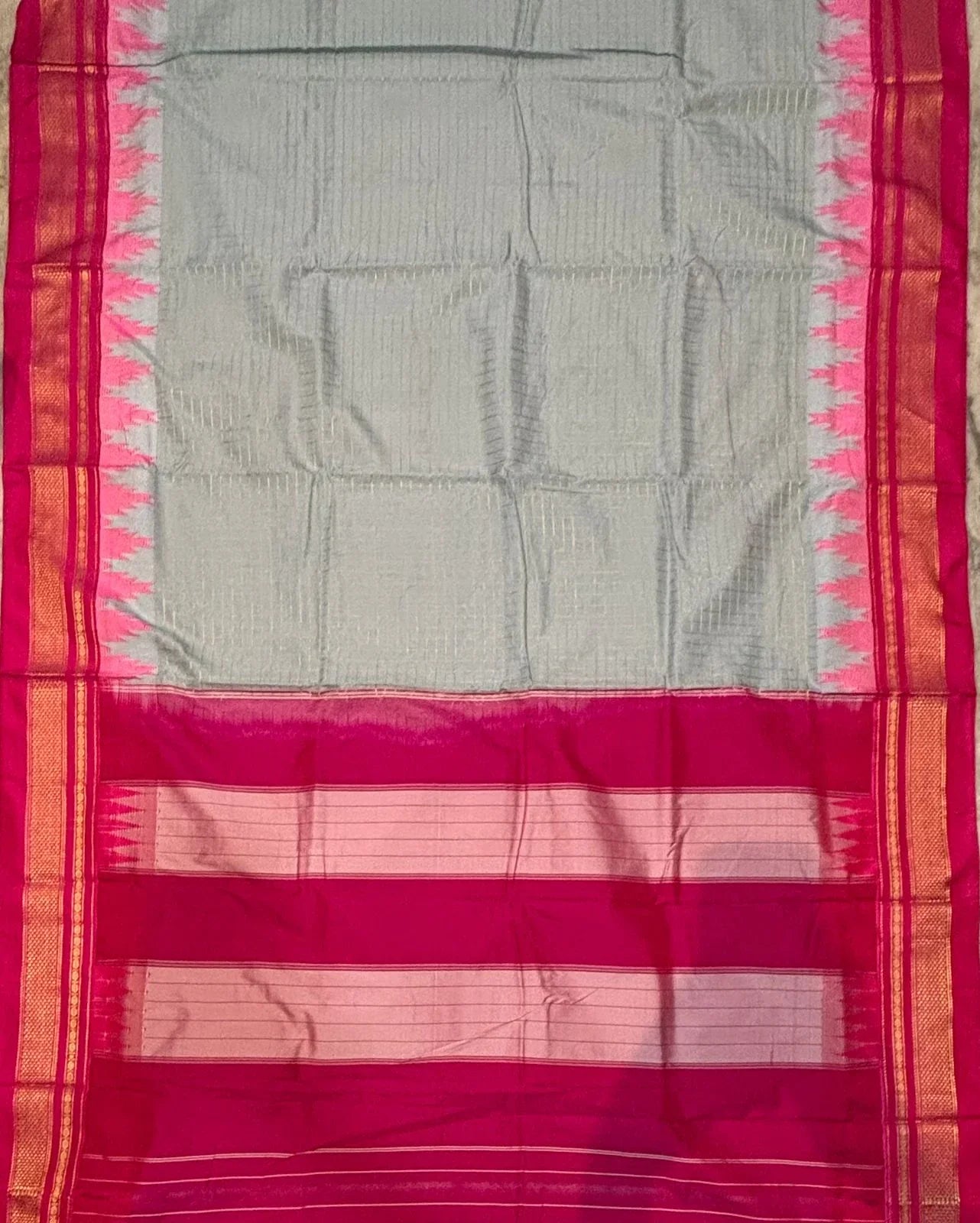 Elegant Gray Gadwal Saree with Pink Temple Border & Striped Pallu - pochampallysarees.com