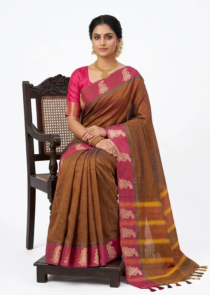 PURE NARAYANPET COTTON BROWN SARI - pochampallysarees.com