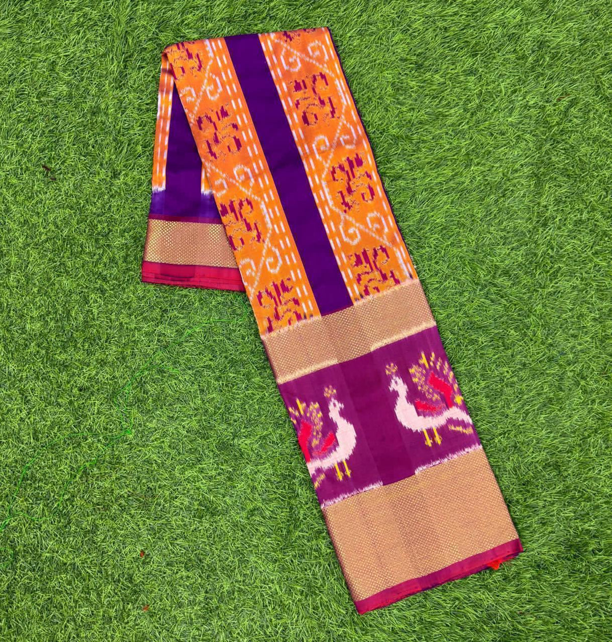 Yellow And Purple Ikkat Silk Big Size Lehenga (8 Years to 50 Years)with silk mark