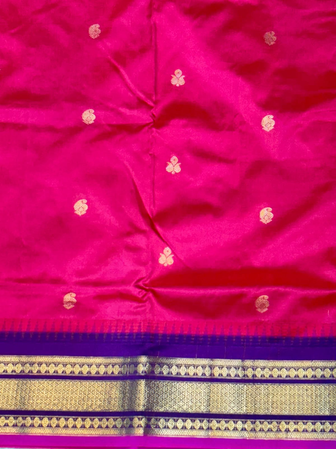 Rani Pink Pure Gadwal Silk Saree with Contrast Purple Gold Zari Border With Silk Mark