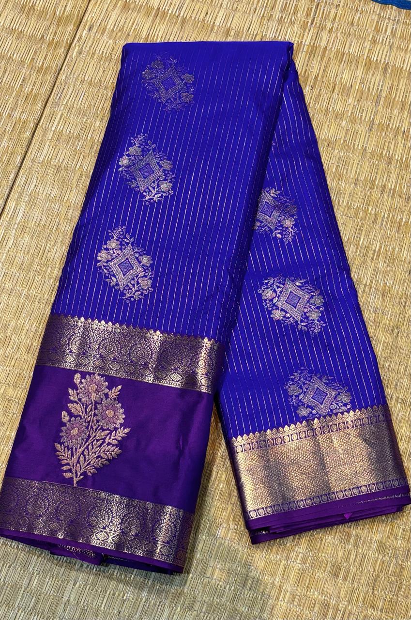 Royal Blue & Deep Purple Semi Dharmavaram Silk Saree with Zari Stripes and Brocade Pallu
