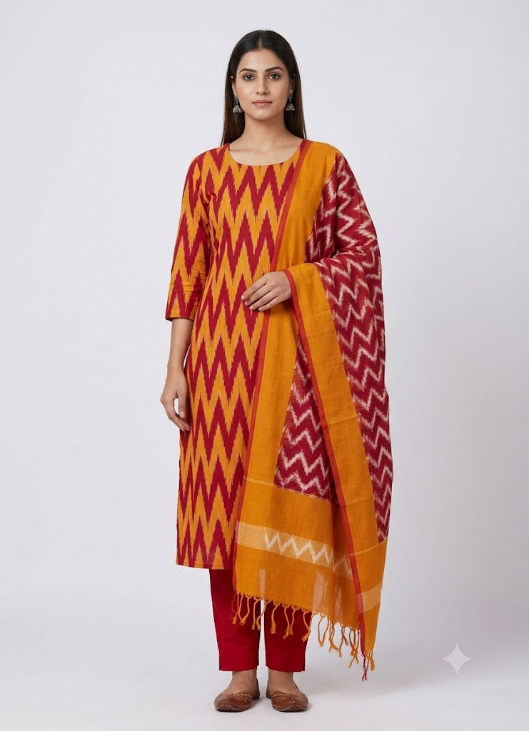 POCHAMPALLY DOUBLE IKAT COTTON RED WITH YELLOW COLOR DRESS MATERIAL-A09