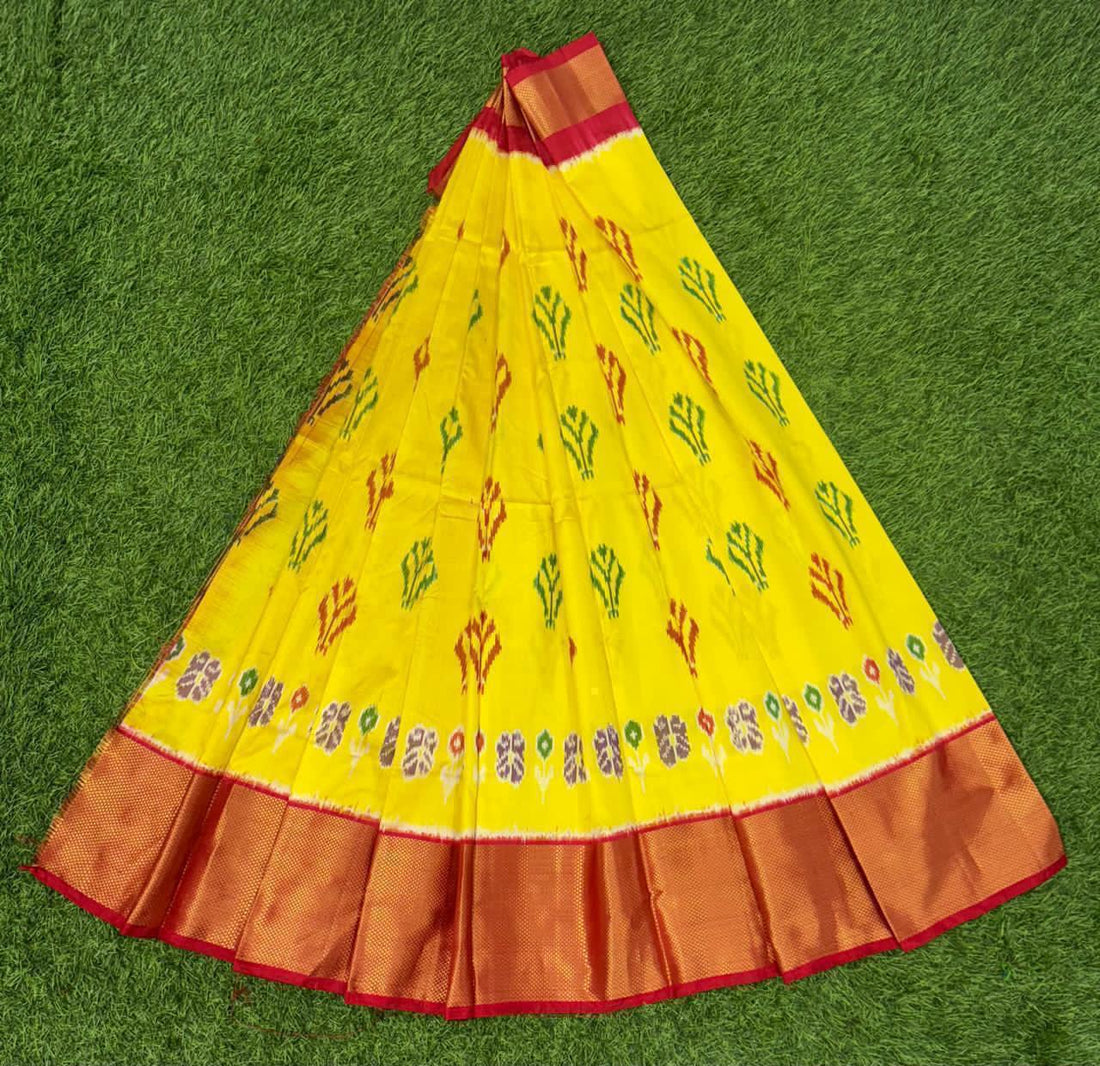 Yellow and Red Ikkat Silk Big Size Lehenga (8 Years to 50 Years)with silk mark