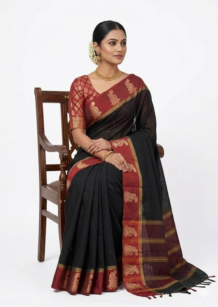 PURE NARAYANPET COTTON BLACK SARI - pochampallysarees.com