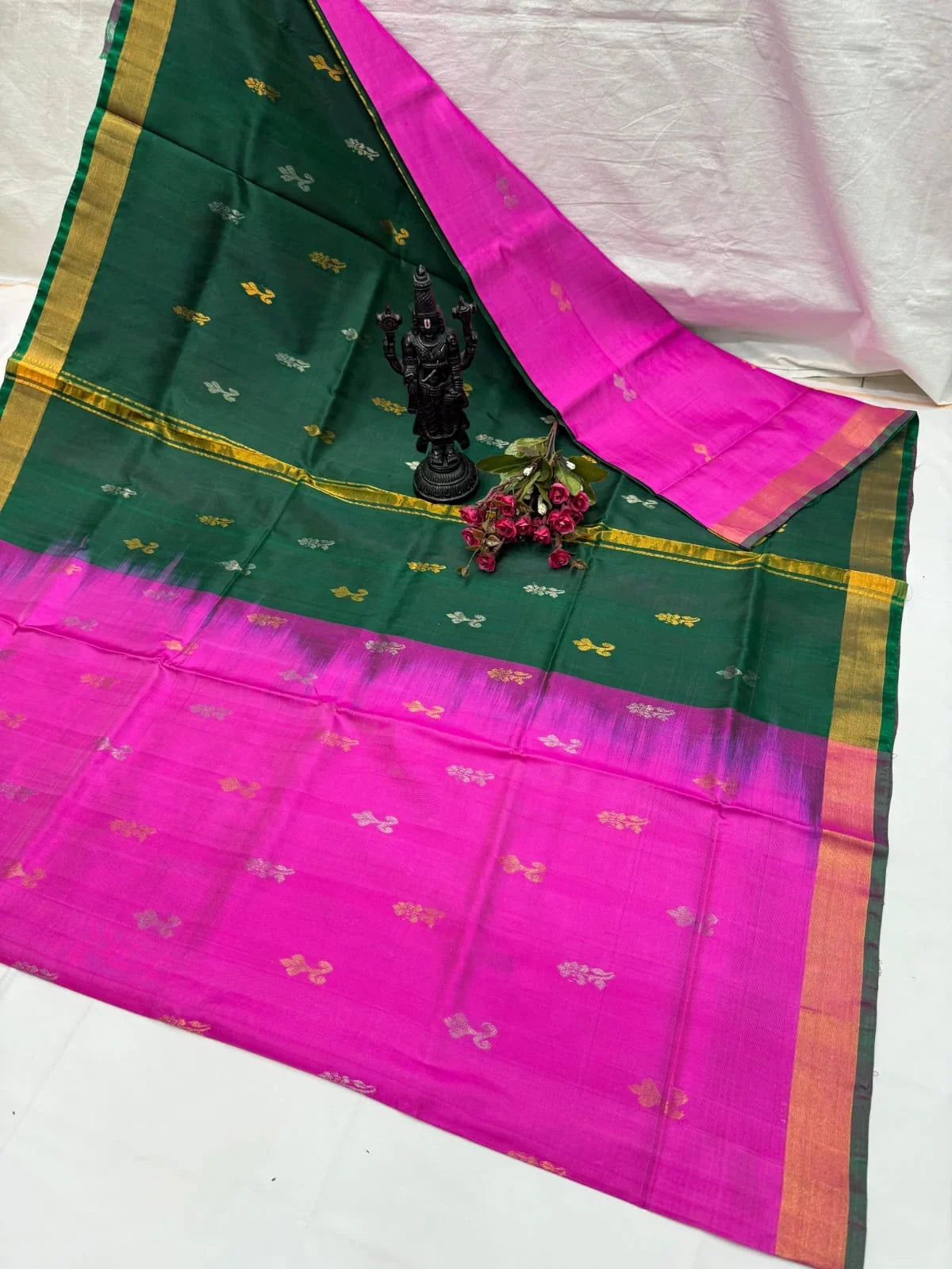 Bottle Green and Rani Pink Uppada Pattu Silk Saree with Gold and Silver Zari Buttas - pochampallysarees.com