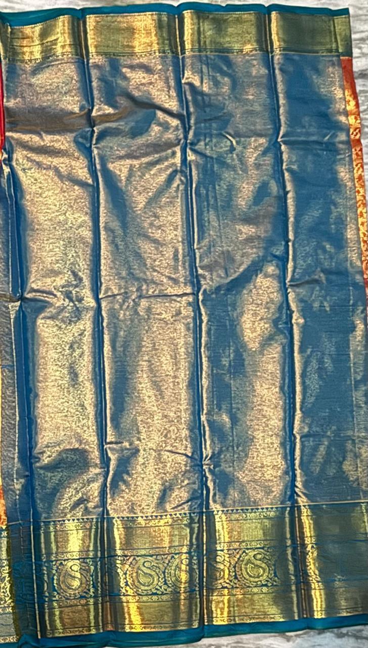 Dharmavaram Pattu Silk Saree Orange Blue - pochampallysarees.com