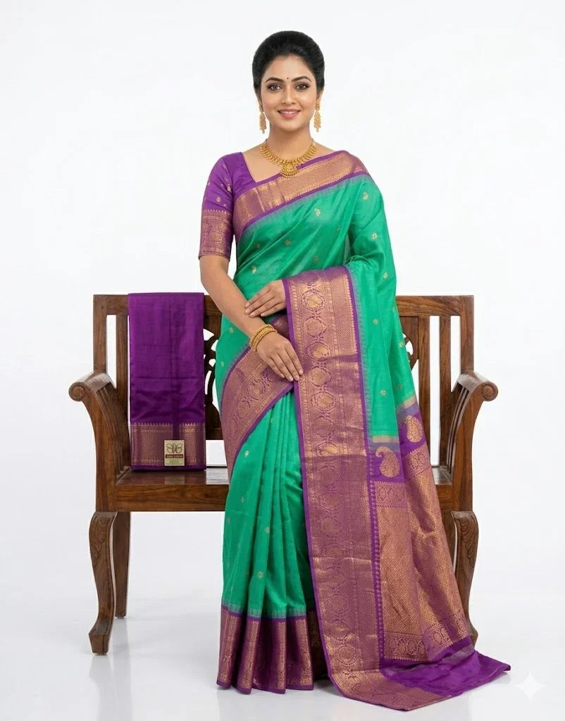 Pure Gadwal Silk Saree in Rama Green and Lavender with Pure Zari Border - pochampallysarees.com