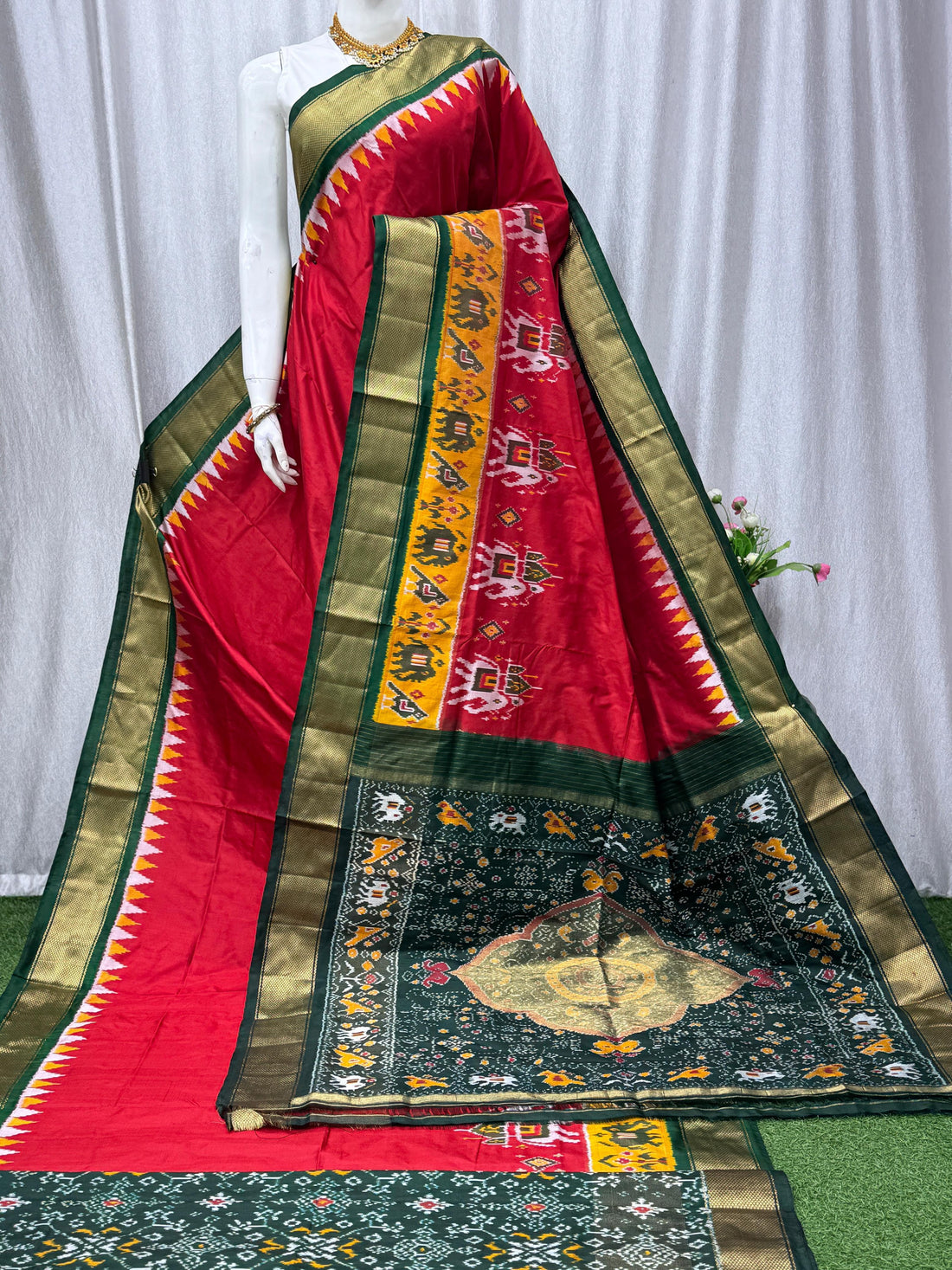 Deep Red Traditional Silk Saree with Green Border & Patola Motifs - pochampallysarees.com