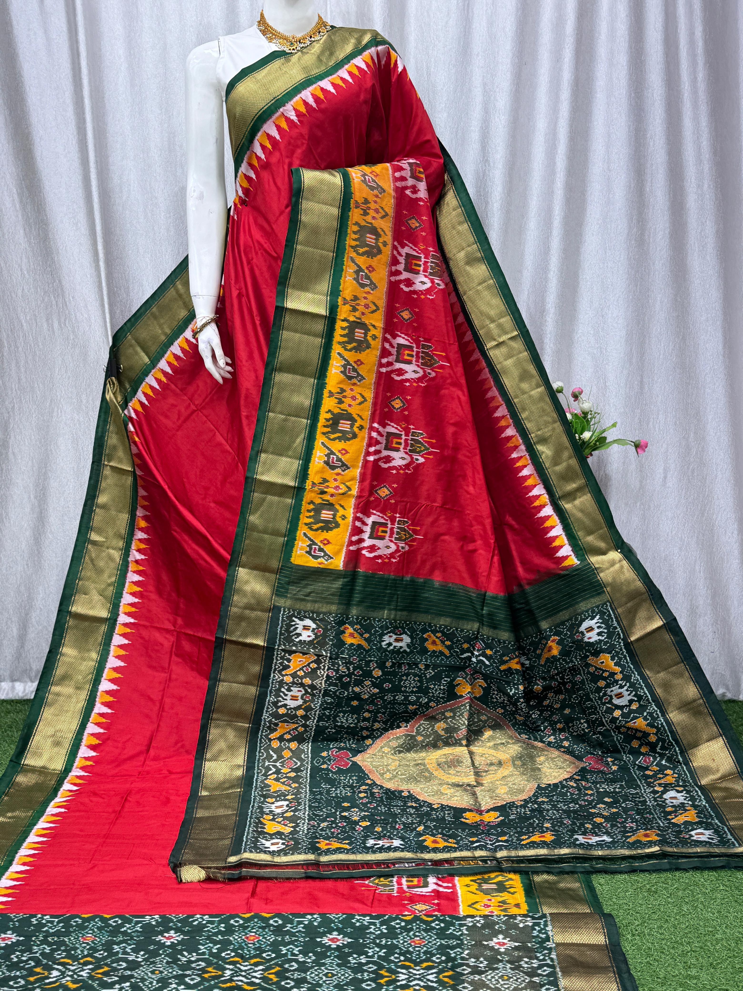 Deep Red Traditional Silk Saree with Green Border & Patola Motifs - pochampallysarees.com