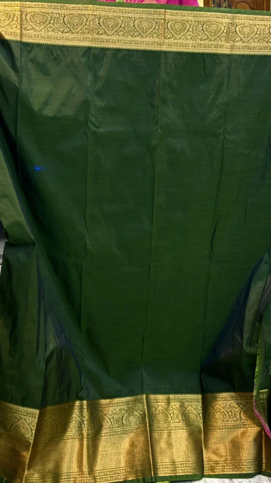 Authentic Forest Green Dharmavaram Silk Saree with Heavy Gold Zari Border - pochampallysarees.com