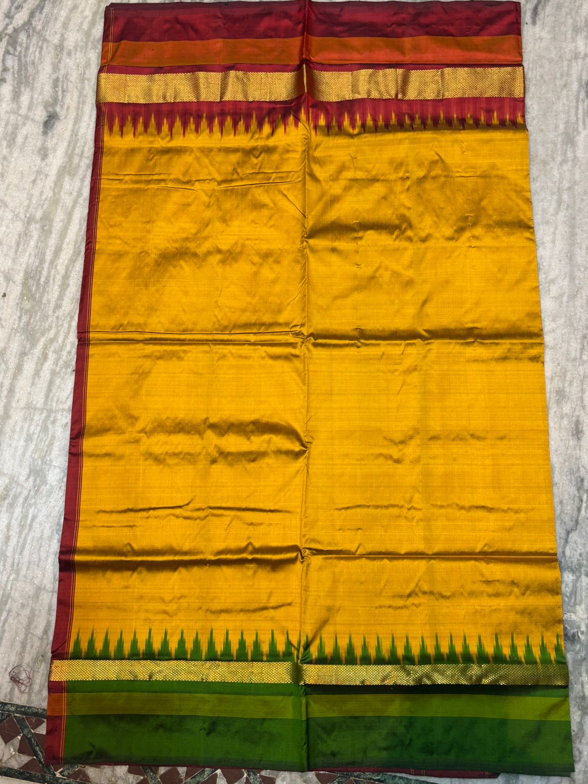 Authentic Pure Ikkat Silk Saree - Mustard Yellow & Maroon with Zari Temple Border