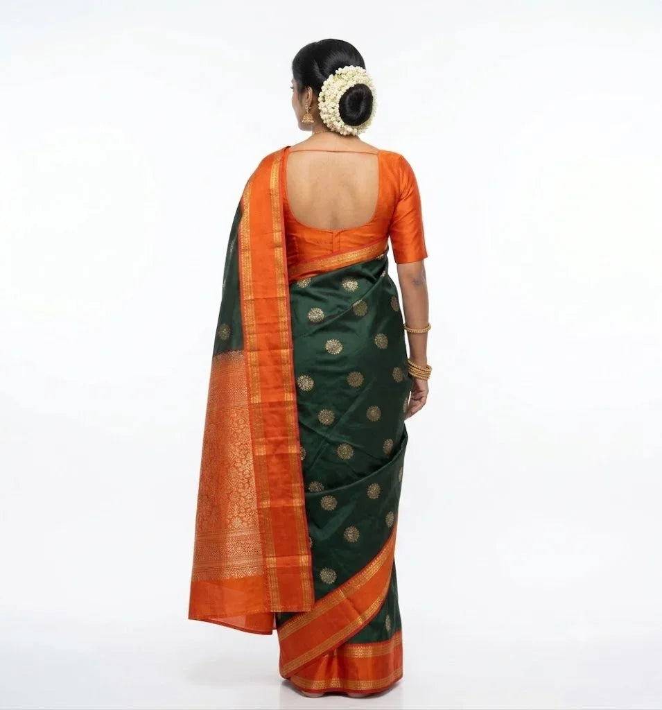 Authentic Green & Orange Pure Kanchi Silk Saree | Silk Mark Certified