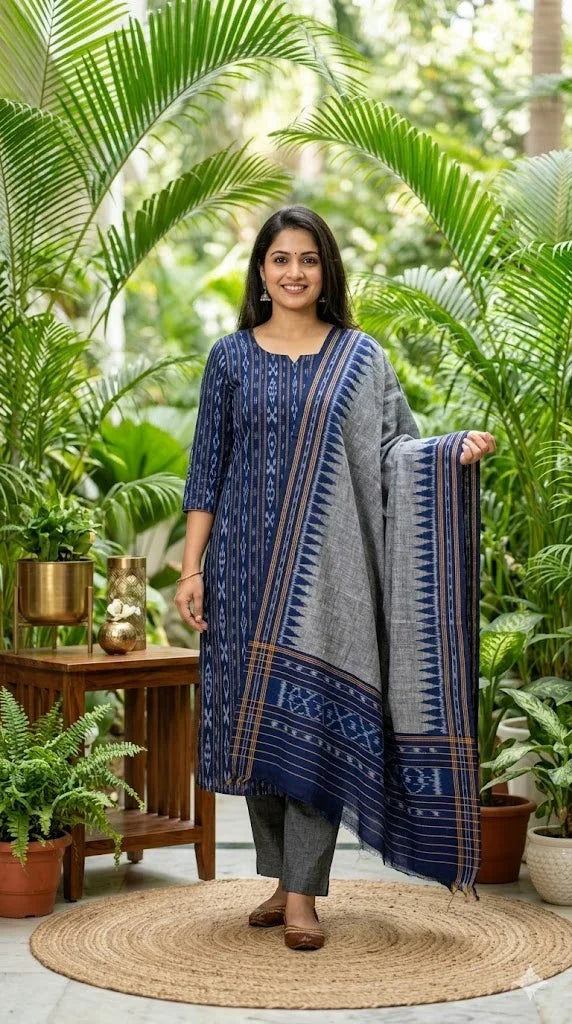 Unstitched Blue & Grey Ikat Cotton Suit Material - pochampallysarees.com