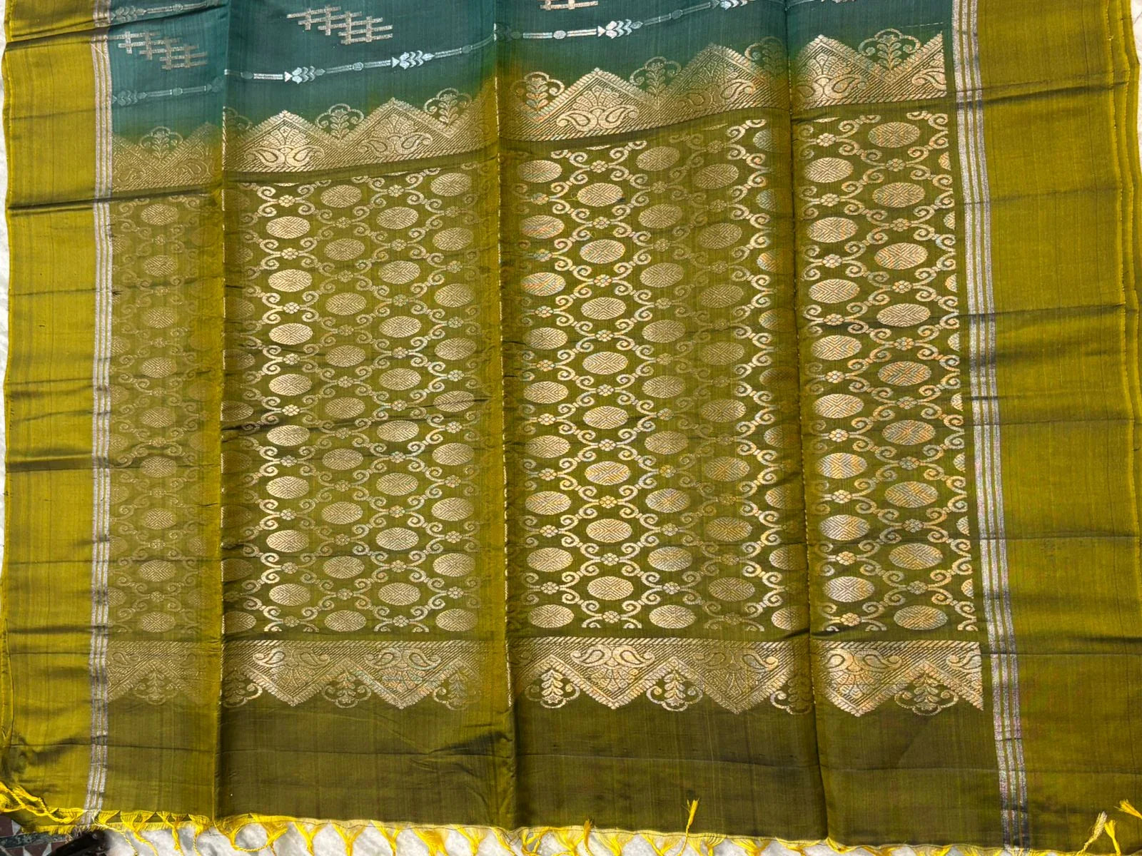 Teal Green Soft Silk Saree with Mustard Yellow Contrast Border & Woven Motifs - pochampallysarees.com
