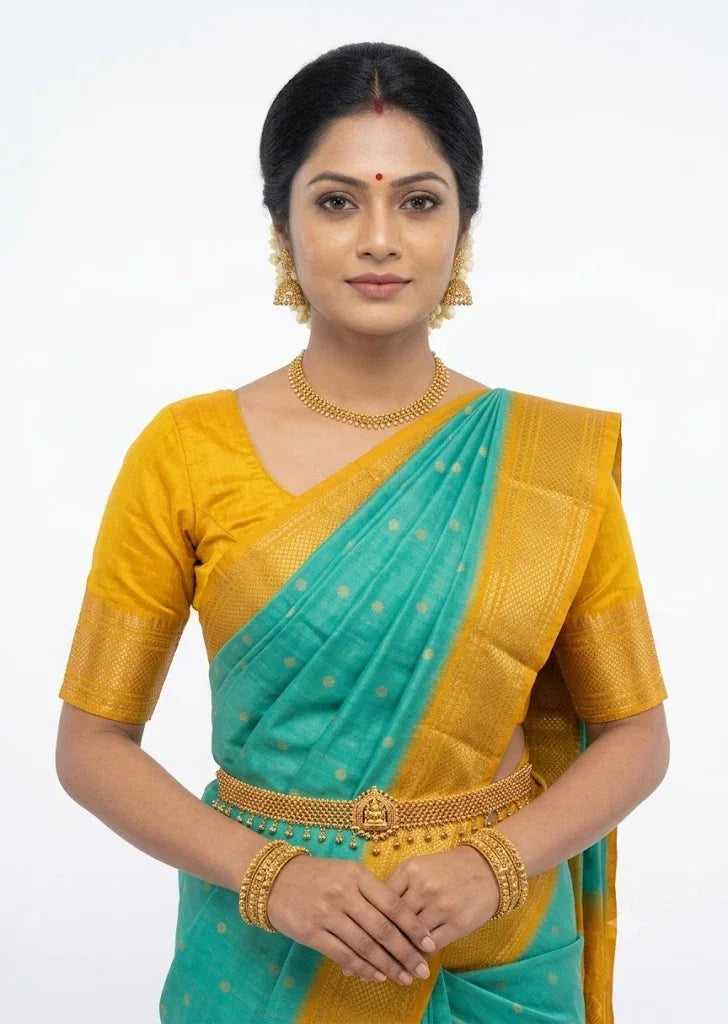 Pure Gadwal Silk Saree in Turquoise Blue and Mustard Yellow - pochampallysarees.com
